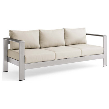 Shore Outdoor Patio Aluminum Sofa, Silver Beige