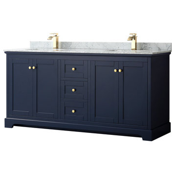 72" Double Bathroom Vanity, Dark Blue, Carrara Marble Top, Sinks, No Mirror