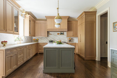 Inspiration for a large timeless u-shaped dark wood floor and brown floor open concept kitchen remodel in Chicago with a drop-in sink, flat-panel cabinets, light wood cabinets, quartzite countertops, multicolored backsplash, stone slab backsplash, paneled appliances, an island and white countertops