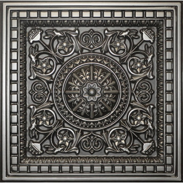 24"x24" 215 Decorative Coffered Drop In Ceiling Tiles, Antique Silver