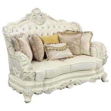 Acme Adara Loveseat With 5 Pillows, White Pu & Antique White Finish