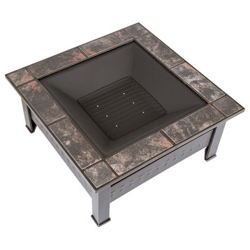 Pure Garden Square Tile Fire Pit With Cover, Bronze Finish, 32"