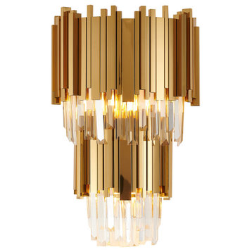 2-Tier Gold Rod Wall Sconce With Clear Crystals