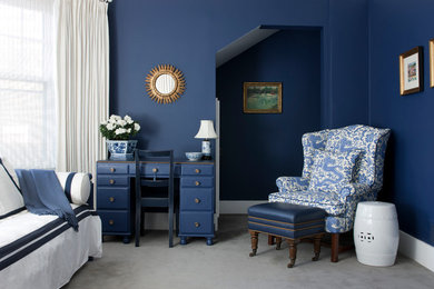 Design ideas for a large transitional guest bedroom in Chicago with blue walls, carpet and no fireplace.