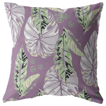 16" White Purple Tropical Leaf Suede Throw Pillow