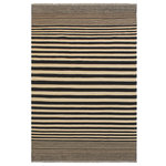 Bareens Designer Rugs - Eclectic Turkish Kilim Miguel Hand-Woven Wool Rug - 5'6'' x 8'0'' - Elevate the elegance of your home with this stunning hand-woven tribal Kilim wool rug. Meticulously crafted on a loom by the Nomad Turkman people using hand-spun wool and 100% natural vegetable dyes, these rugs are recognized for their repetitive geometric patterns, incorporating naturalistic floral and traditional designs. The contemporary fashion palette results in bold, sharp patterns that are incredibly versatile, as the pattern is the same on both sides. These reversible rugs feature a lighter shade on one side and brighter colors on the other, providing versatility according to preference. These unique rugs are made by knotting short strands of different colors onto the warps and securing them by tightly pressing the wefts. The designs are created by interweaving the various colored wefts and warps. Kilims are known for their exceptional durability and versatility, making them truly unique rugs.  Product Details    Rug Size: 5'6'' x 8'0''  Material: 100% Wool  Style: Kilim, Flat Weave, Dhurrie, Turkish, Southwestern, Rustic, Tribal  Colors: Beige, Black  Weave Type: Hand-Woven, Handmade  Pile Height: Less than 0.25 inch