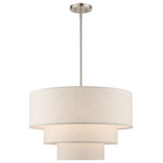 Livex Lighting - Livex Lighting Gladstone 4-Light Brushed Nickel Pendant Chandelier - The Gladstone pendant chandelier is both modern and versatile. The hand-crafted oatmeal colored fabric hardback shade is set off by the silky white fabric on the inside setting a pleasant mood. The four-light triple drum shade adds character to this handsomely styled pendant. Perfect fit for the living room, dining room, kitchen and bedroom. This sleek design is shown in a brushed nickel finish.