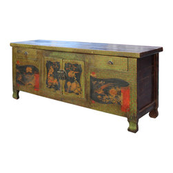 Chinese Distressed Light Olive Green Flower Graphic TV Console Cabinet - Console Tables
