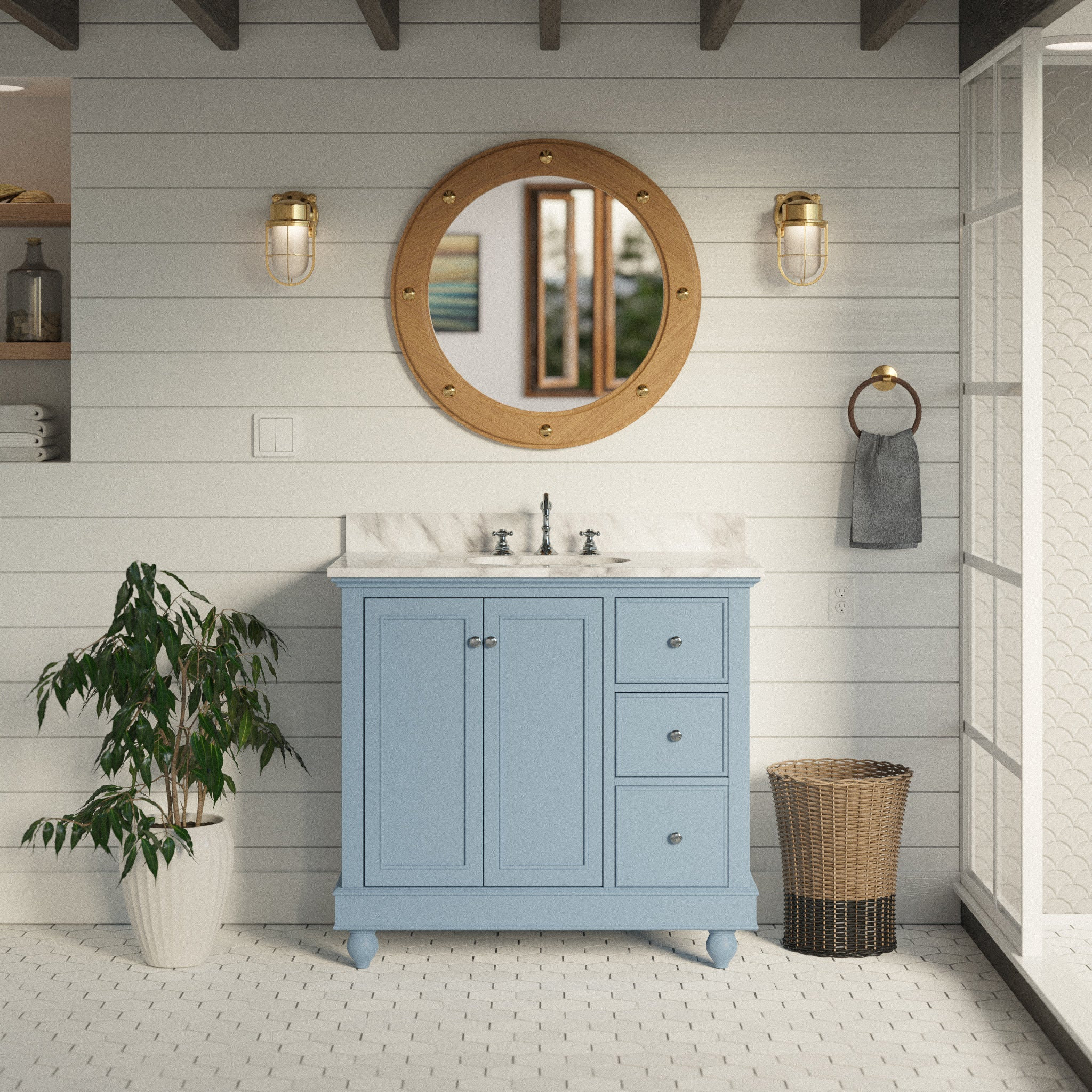 Bella 36" Bathroom Vanity, Powder Blue, Carrara Marble