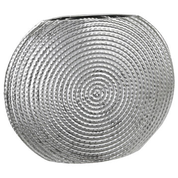 Round Metal Vase with Embossed Spiral Design Body, Metallic Silver Finish, Small