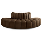 Meridian Furniture - Arc Upholstered Outward Curved Modular Sectional, Brown, 4-Piece: Reverse Corner (4), Velvet - Give your living room or den the perfect blend of style and versatility with this Arc velvet fabric curved modular Sectional. Part of the Arc modular furniture collection, this Sectional comes upholstered in rich brown velvet fabric and features deep channel tufting that adds a touch of luxury while enhancing comfort and support. A seamless combination of form and function, this chair can be used with other Arc pieces to create a myriad of configurations in your well-curated room.