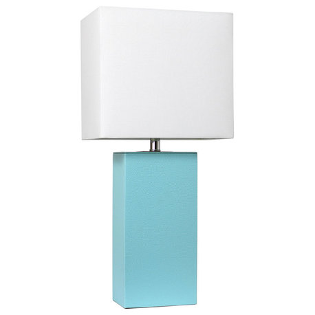 Elegant Designs Modern Leather Table Lamp With White Fabric Shade, Aqua
