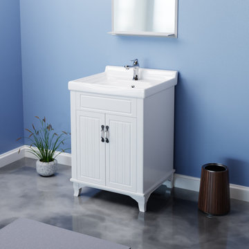 White Wooden Cabinet Vanity Sink 24.25" W with Overflow, Drain and Hardware