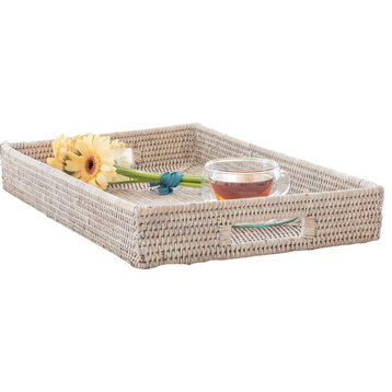 Artifacts Rattan Rectangular Tray With Cutout Handles, White Wash, Large