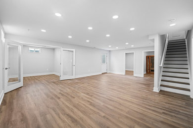 Large arts and crafts walk-out vinyl floor and brown floor basement photo in DC Metro with gray walls