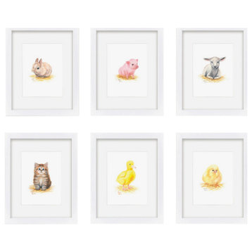 "Barnyard Littles" Set of Six Framed Prints With Mat, White, 16x20