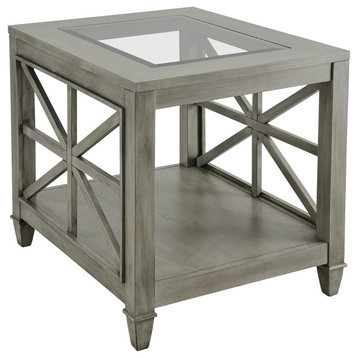Farmhouse End Table, Geometric Design With Wooden Legs & Glass Top, Antique Gray