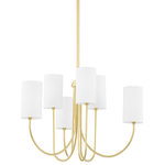 Hudson Valley Lighting - Harlem 6-Light Chandelier, Aged Brass Frame, White Shade - Big, bold swooping arms pair with traditional, straight Belgian linen drum shades to take modern design to the next level. Available as a chandelier or wall sconce in three different finishes, this bright, joyous fixture is sure to add style and bring smiles to any space it fills.
