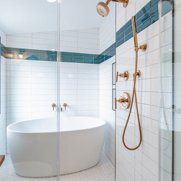Bathroom remodeling in Arlington, VA with double vanity & corner bathtub