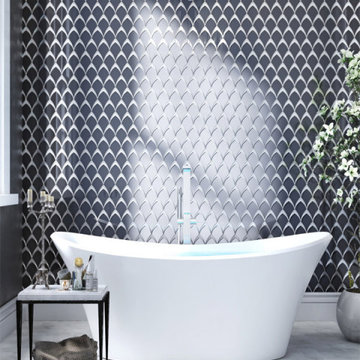 Art Deco Inspired Master Bathroom With Gray Glass Fan Tile on Feature Wall and S