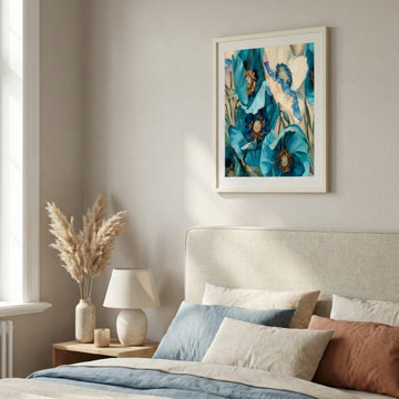 Serene Organic Modern Bedroom with Vibrant Blue Floral Art