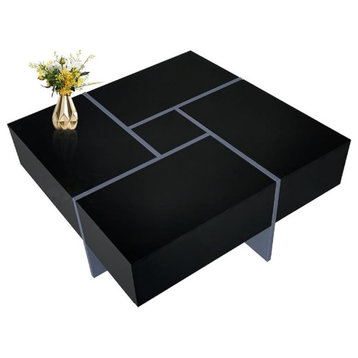 Modern Coffee Table, Geometric Design With Hidden Compartments, High Gloss Black