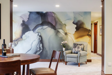 Example of a mid-sized arts and crafts open concept carpeted, gray floor and wallpaper family room design in Cedar Rapids with a bar and multicolored walls