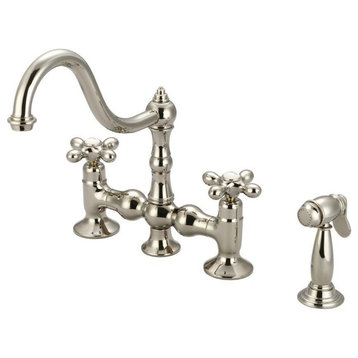 Bridge Style Kitchen Faucet With Side Spray To Match, Polished Nickel Pvd Finish