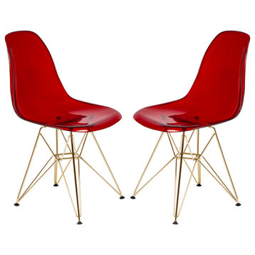 LeisureMod Cresco Molded Eiffel Side Chair With Gold Base, Set of 2 Red