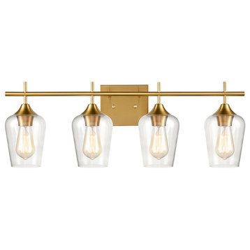 Farmhouse Bathroom Vanity Lights Clear Glass Sconces, Brass, 4-Light