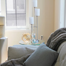 Greige Living Room with blue accents