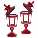 Melrose International - Lantern, Set of 2, 17"H Metal - Our pedestal lantern is ideal for holiday decorating. Features a shiny, bright red finish, glass hurricane and room enough to hold a mini pillar candle and