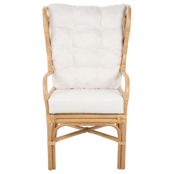 Rattan Chippendale Wingback Lounge Chair With Cushions, Natural