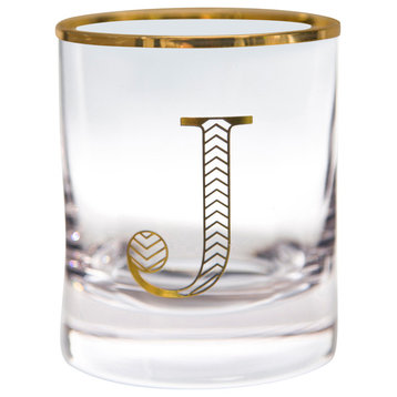 Monogram Gold 11 oz. Set of 4 Whiskey Glasses, "J"