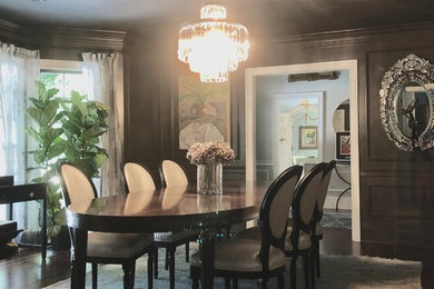 Enclosed dining room - large traditional dark wood floor and brown floor enclosed dining room idea in Atlanta with brown walls and no fireplace