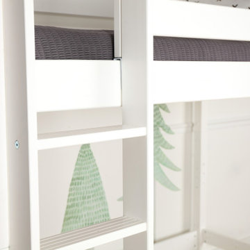 White Twin Mid Loft Bed with Customizable Ladder