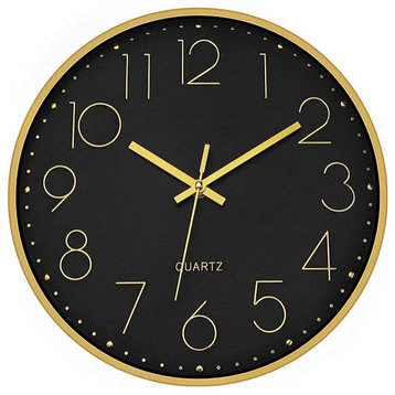 Black Gold Wall Clock 12" Silent Non-Ticking Battery Operated Round