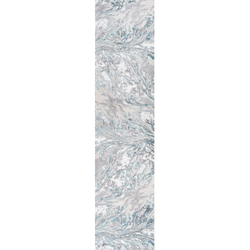 Swirl Marbled Abstract Area Rug, Gray/Turquoise, 2'x10'