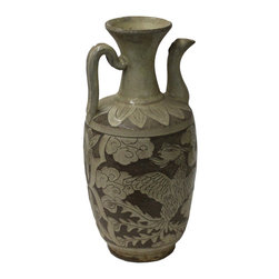 Chinese Cizhou Ware Ceramic Black Underglaze Dragon Round Vase Jar - Vases