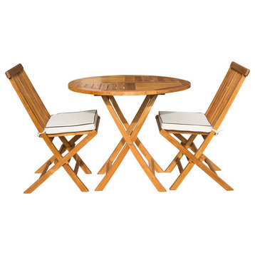 3-Piece Teak Wood Valencia Patio Dining Set, 36" Round Folding Table and Chairs