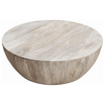 Rustic Coffee Table, Unique Shaped Mango Wood Construction, Distressed White