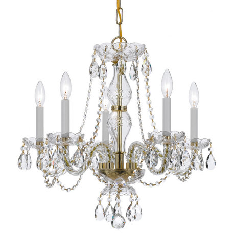 Traditional Crystal 5 Light Chandelier, Swarovski Spectra, Polished Brass, 21"