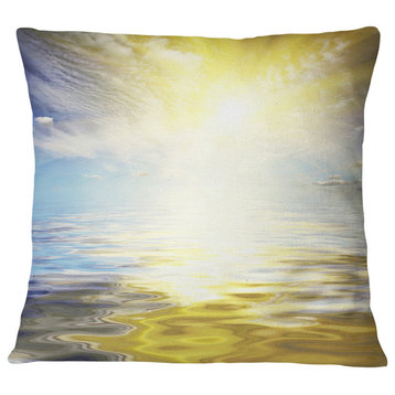Wavy View of Sea in Yellow Blue Seashore Throw Pillow, 16"x16"