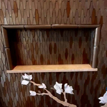 Custom glass mosaic and marble cherry tree shower