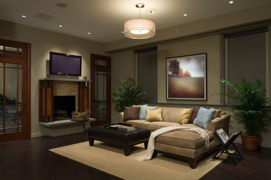 This is an example of a traditional living room in Other with brown walls, dark hardwood floors, a standard fireplace, a wood fireplace surround and a wall-mounted tv.