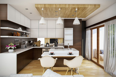 Inspiration for a contemporary open plan kitchen in Sydney with a double-bowl sink, flat-panel cabinets, white cabinets, mirror splashback, panelled appliances and with island.