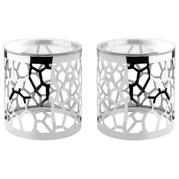 Home Square 19.7" Round Contemporary Glass Top End Table in Silver - Set of 2