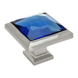 Cosmas - Square Cabinet Knob, Base, Satin Nickel, Glass, Blue, Set of 10 - Cabinet And Drawer Knobs