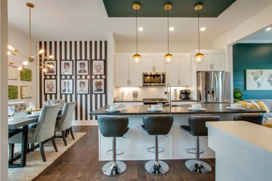 Mid-sized eclectic galley dark wood floor and brown floor eat-in kitchen photo in Nashville with white cabinets, white backsplash, stainless steel appliances, an island and black countertops