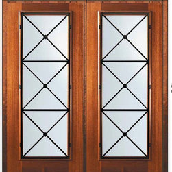 Prehung Entry Double Door 80 Mahogany Republic Full Lite Wrought Iron - Front Doors